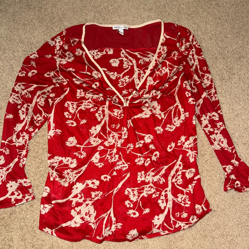 MNG by Mango Red and Cream Floral Blouse